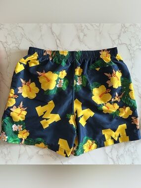 U of MICHIGAN Swim Trunks • Navy & Maize Floral and Block M pattern 📣 Go Blue!!